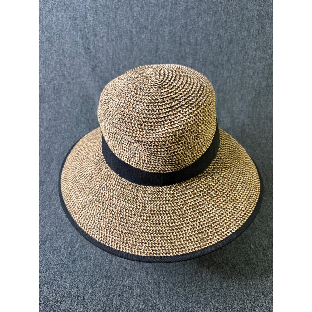 Scala Collezione Womens Straw Sun Hat Tan Black Bow Split Back Wide Brim OS